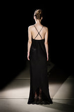 Load image into Gallery viewer, Aphrodite Silk Satin X-back evening slip dress with lace cup - Black
